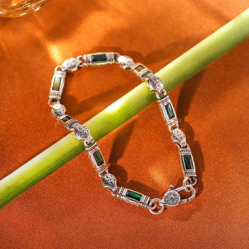 Men Retro Rattan Grass Pattern 800 Silver Bracelet – Electroplated Vintage Heavy-Duty Literary Style Bangle