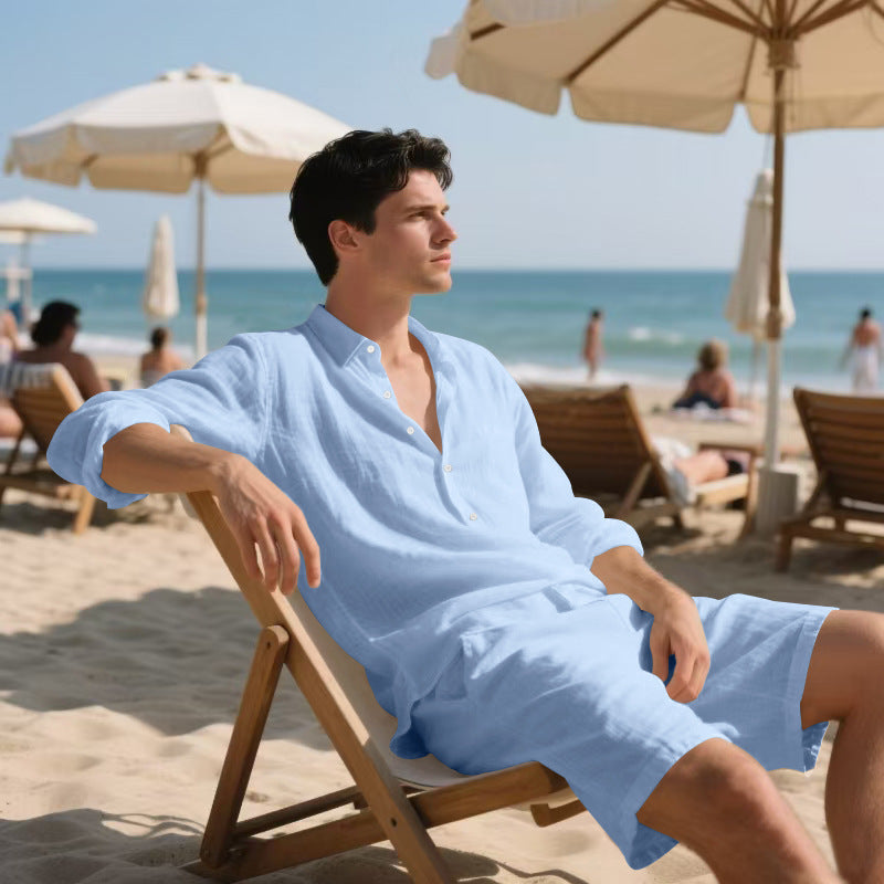 🌴 Men&#39;s Linen Beach Suit Set – Long Sleeve Shirt &amp; Casual Shorts (6 Colors) – Breathable Summer Style