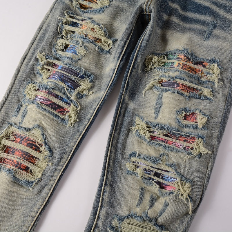 Iridescence Printed Patch Worn Baby Blue Jeans Male