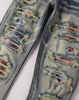 Iridescence Printed Patch Worn Baby Blue Jeans Male