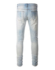 Baby Blue Wash Water Worn Patch Torn Jeans Male