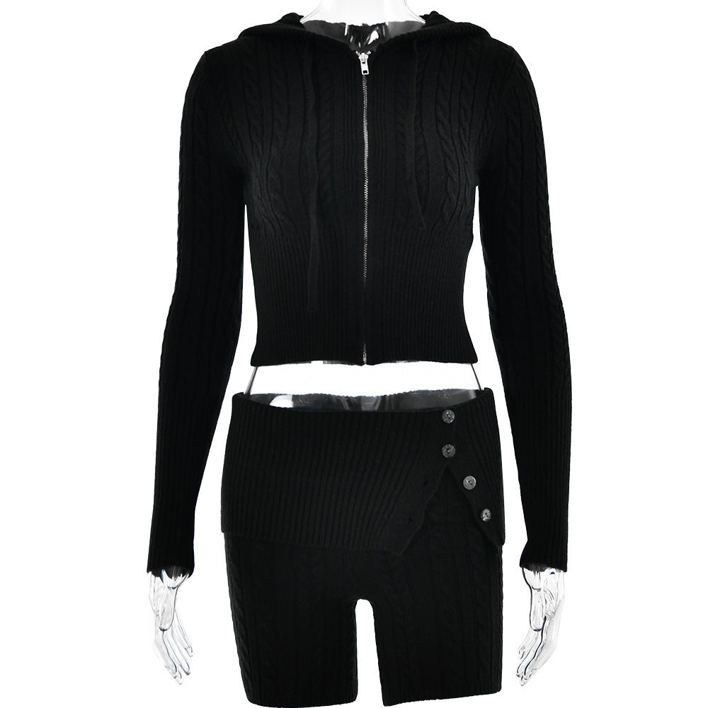 Women’s Knitted Sweater Hoodie &amp; Shorts Set – Cozy Two-Piece for Autumn/Winter