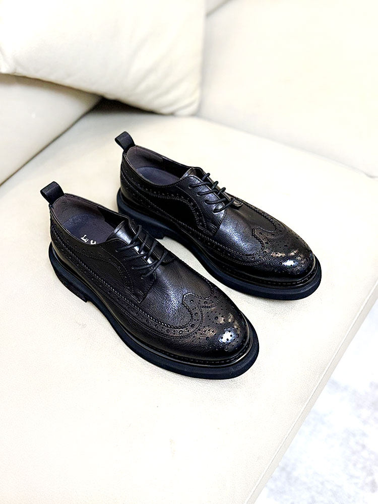 Men Brogue Genuine Leather Shoes – Classic British Carved Lace-Up Dress Shoes with Height Increase Thick Sole
