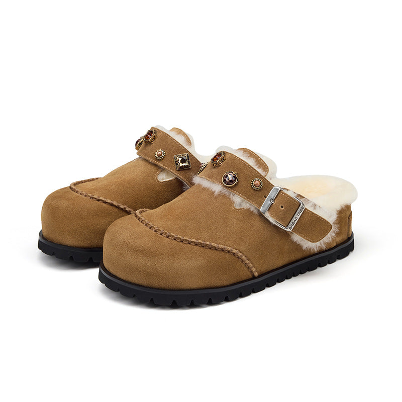 Women’s Wool Lined Platform Slippers – Suede Leather Thick Sole Warm Indoor Outdoor House Slippers