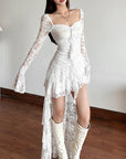Women’s Fall Square Collar Lace Stitching Dress – High Waist Long Sleeve A-Line