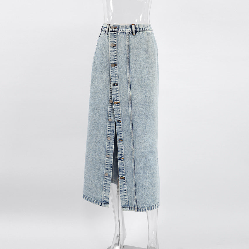 Women&#39;s Distressed Denim Maxi Skirt - Stretchy Washed A-Line Long Skirt (Spandex Blend, S-L) for Office &amp; Casual Wear