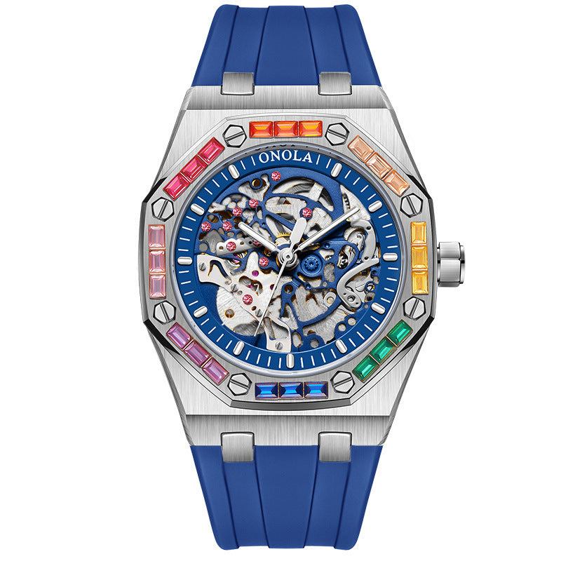 Men&#39;s Silicone Band Rainbow Diamond Automatic Mechanical Watch