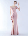 Women’s Satin Off-Shoulder Long Occasional Dress – Slim-Fit Elegant Evening Gown