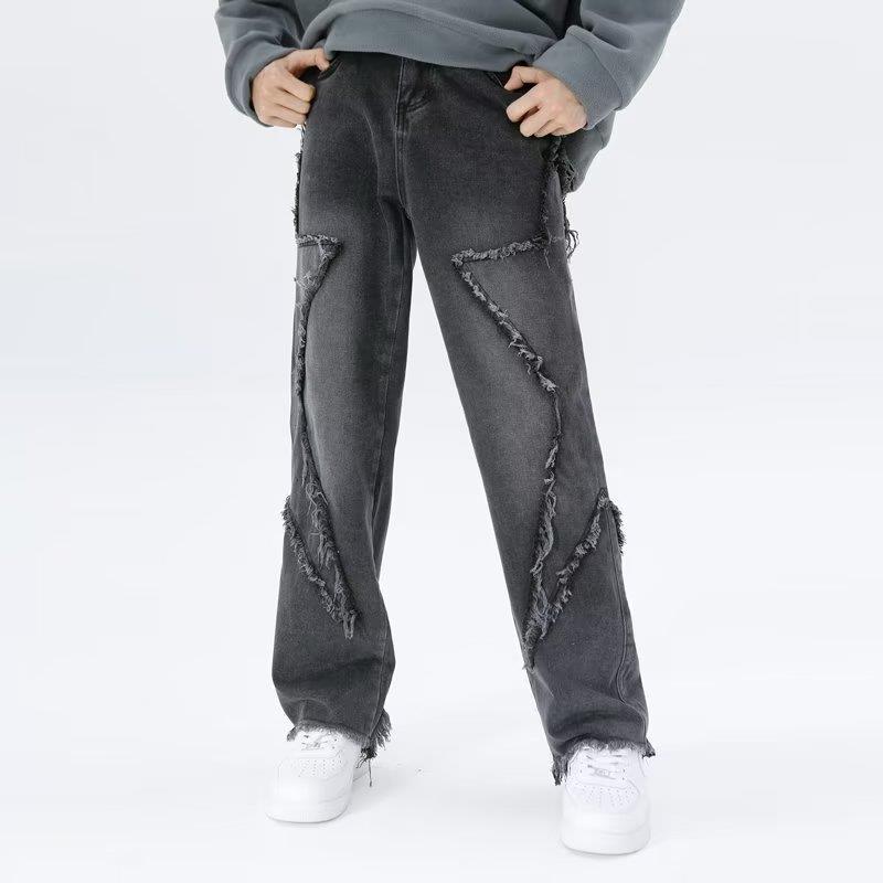 Raw Hem Jeans Men&#39;s American High Street Straight-leg Pants