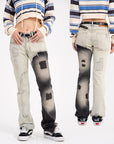 Women’s Fashion Mandarin-Duck Patched Jeans – Cream & Black Micro-Pull Trousers
