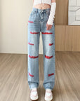 Women's Wide-leg Jeans Embroidered Letters Straight-leg Pants