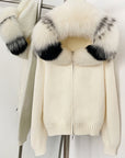 Women’s Hooded Spring Coat – Zipper Cardigan with Real Fox Fur Collar