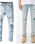 Baby Blue Wash Water Worn Patch Torn Jeans Male