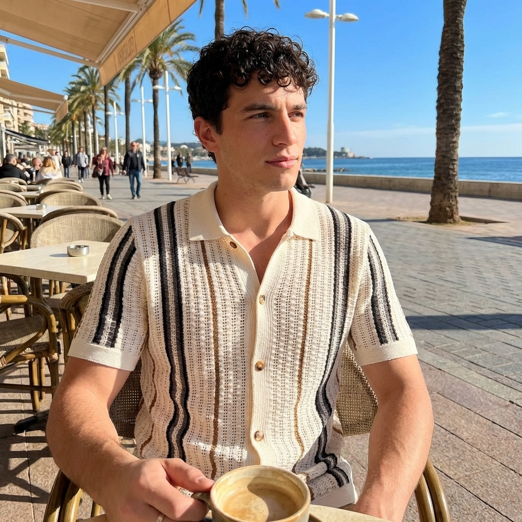 Men’s Hollow Knitted Polo Shirt – Breathable Ice Silk Short Sleeve Polo with Striped Design, Stretch Fit &amp; Summer Casual Style