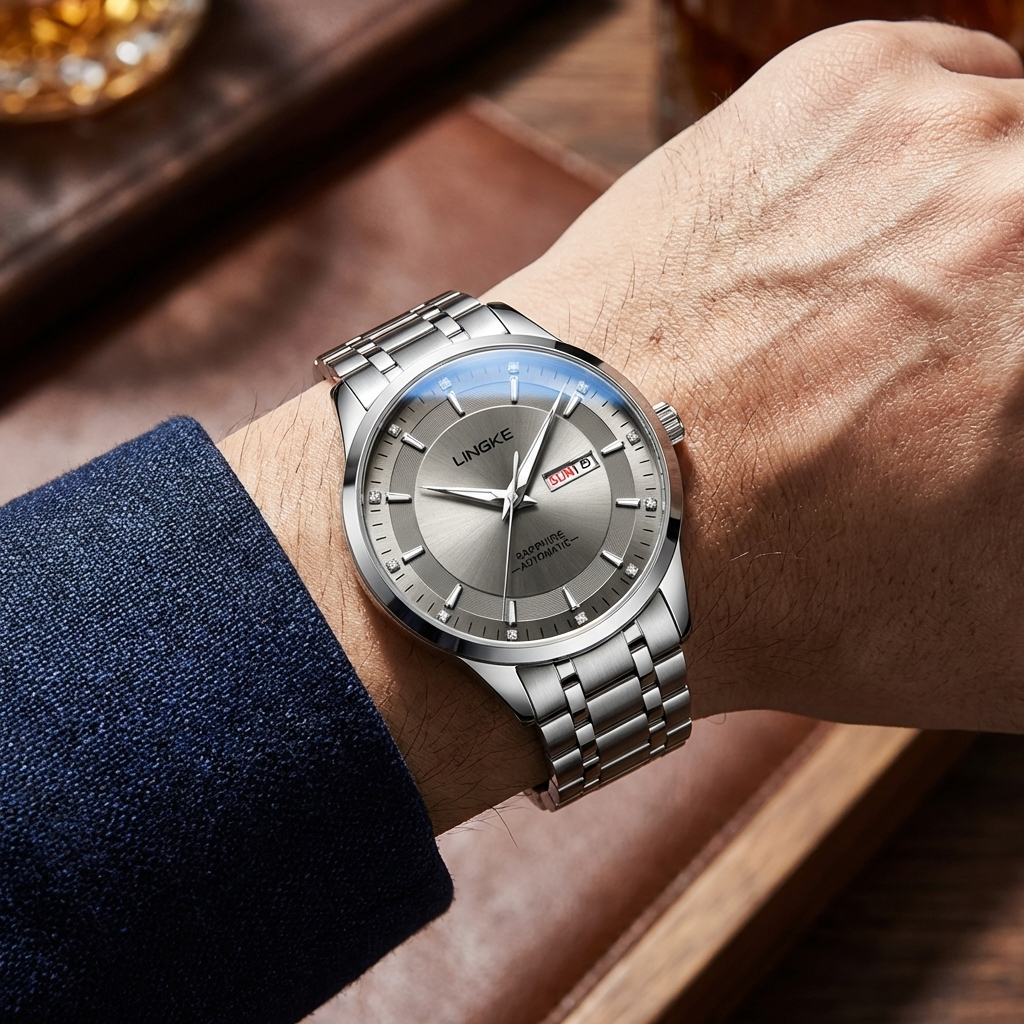 Men Automatic Mechanical Wristwatch – Ultra-Thin 39mm Stainless Steel Watch with Dual Calendar &amp; 50M Waterproof