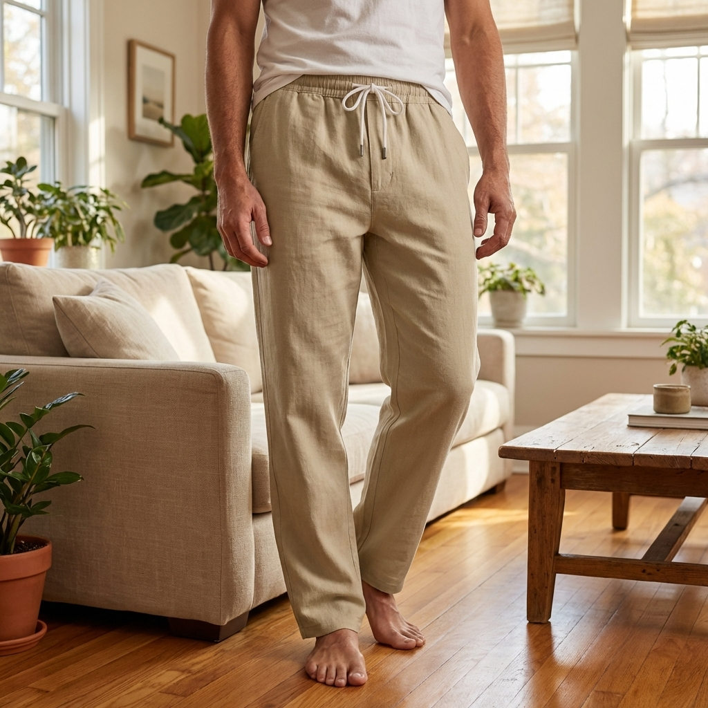 Men’s 70% Cotton Casual Trousers – Breathable Straight Leg Pants with Relaxed Fit, Adjustable Belt &amp; Everyday Comfort Style