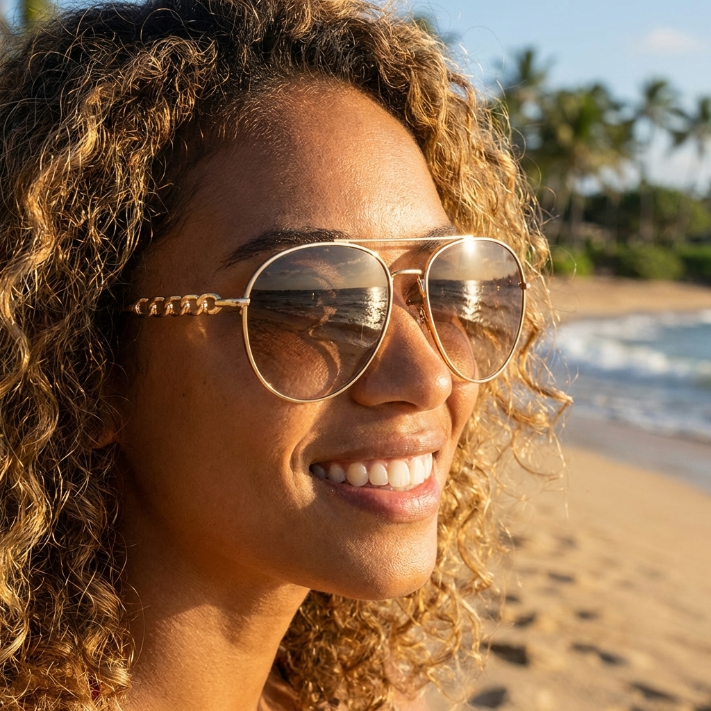 Women’s Polarized Pilot Sunglasses with Chain – UV400 Metal Frame Aviator Shades with CR39 Lenses for Driving