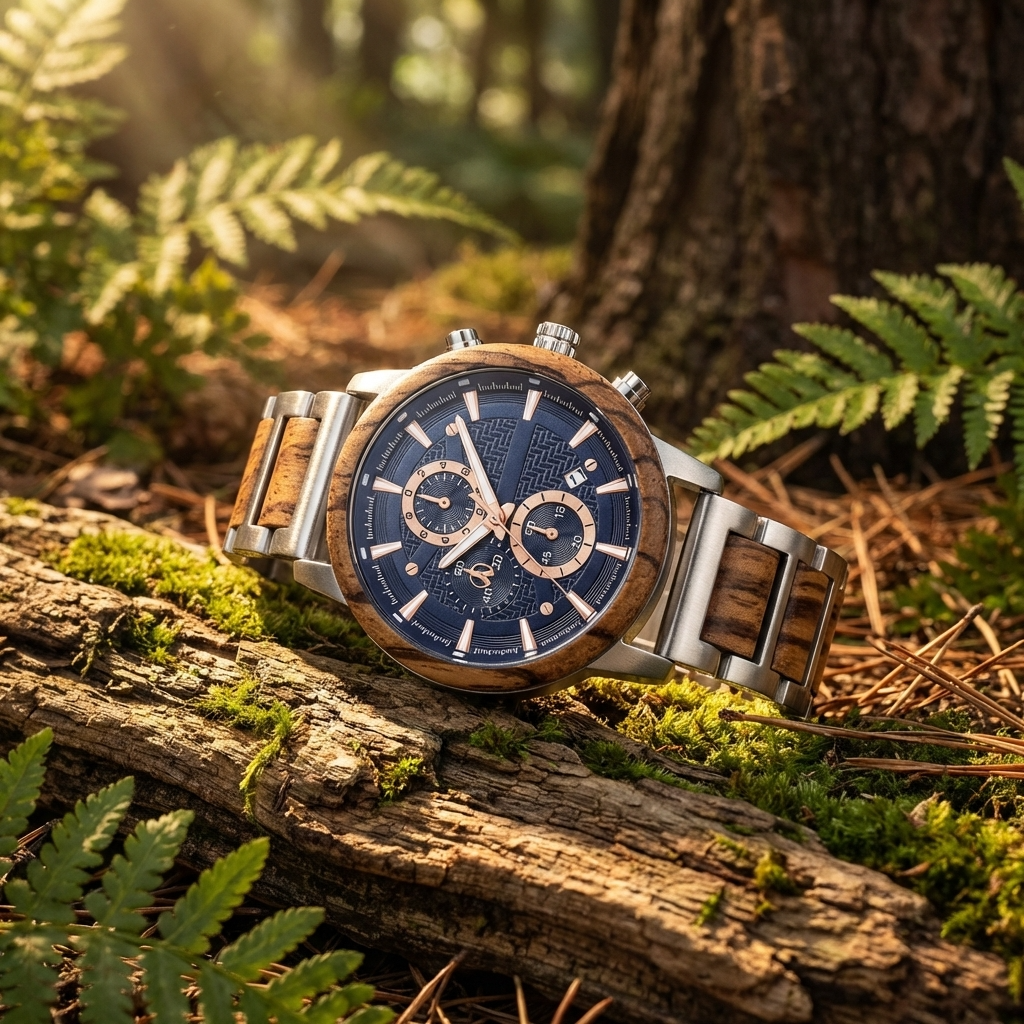 Multi-Function Chronograph Wooden Men’s Watch – 50mm Large Dial Quartz Analog-Digital Water-Resistant Wood Strap Timepiece