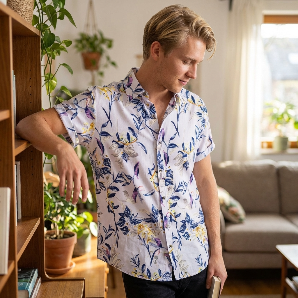 Men’s Floral Beach Shirt – Lightweight Short Sleeve Hawaiian Style Button-Up with Breathable Fabric &amp; Relaxed Fit for Summer Vacation Wear