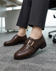Women’s Classic Leather Loafers – French-Inspired British Style Slip-On Shoes with Belt Buckle Detail