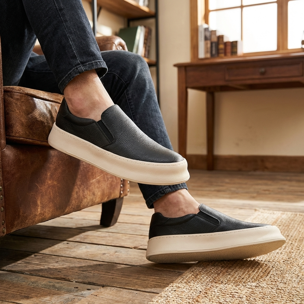 Men’s Genuine Leather Slip-On Loafers – Cowhide Casual Shoes with Thick Sole, Round Toe Comfort &amp; Anti-Slip Rubber Outsole