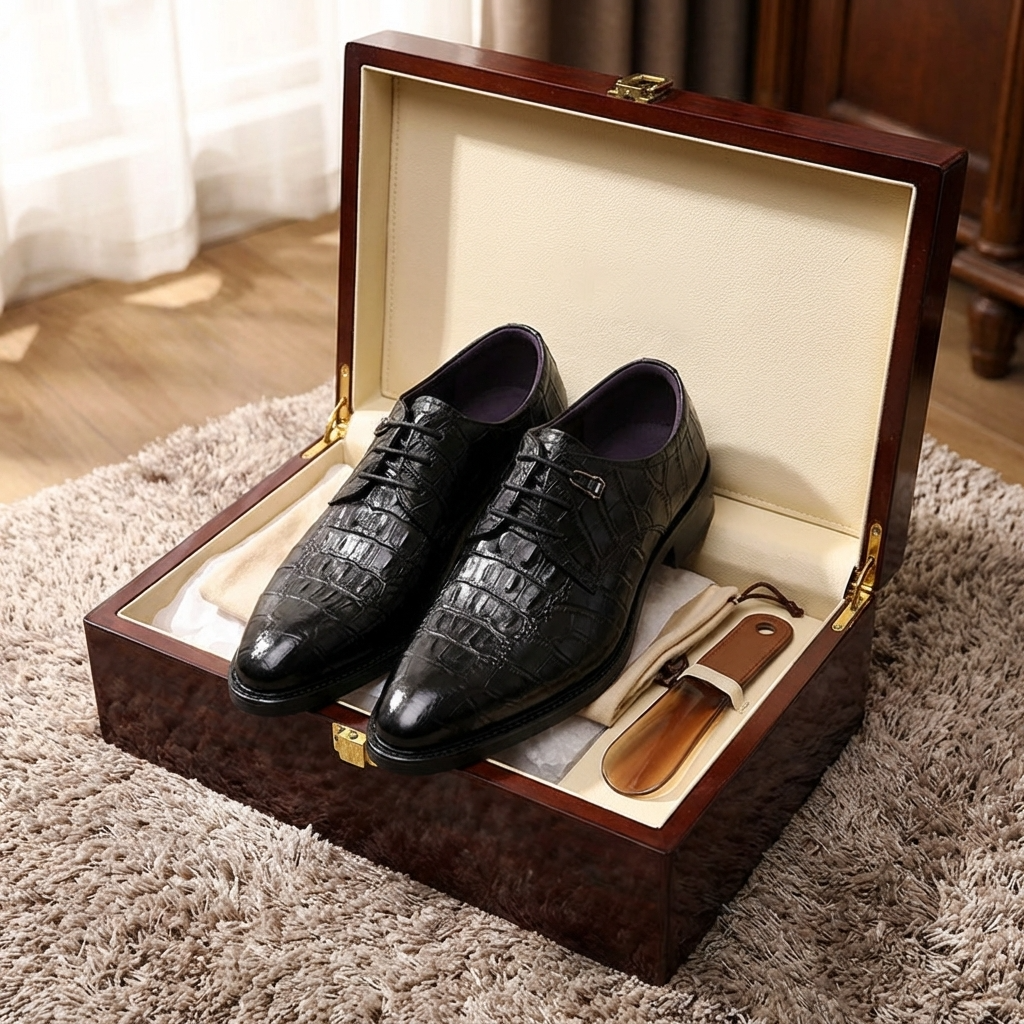 Men’s Formal Crocodile Pattern Leather Shoes – First-Layer Cowhide Pointed Toe Lace-Up Business Wedding Dress Shoes