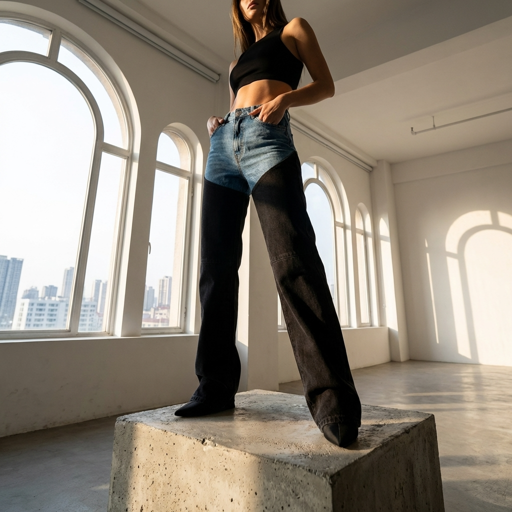 Women’s High Waist Straight-Leg Jeans – Distressed Blue-Black Denim with Color Block Detail, Casual Vintage Style &amp; Flattering Fit