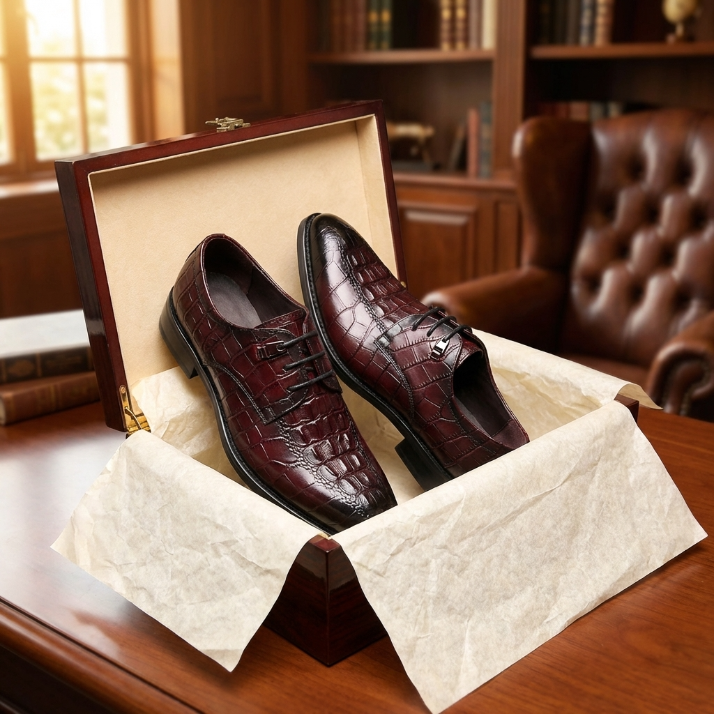 Men’s Formal Crocodile Pattern Leather Shoes – First-Layer Cowhide Pointed Toe Lace-Up Business Wedding Dress Shoes