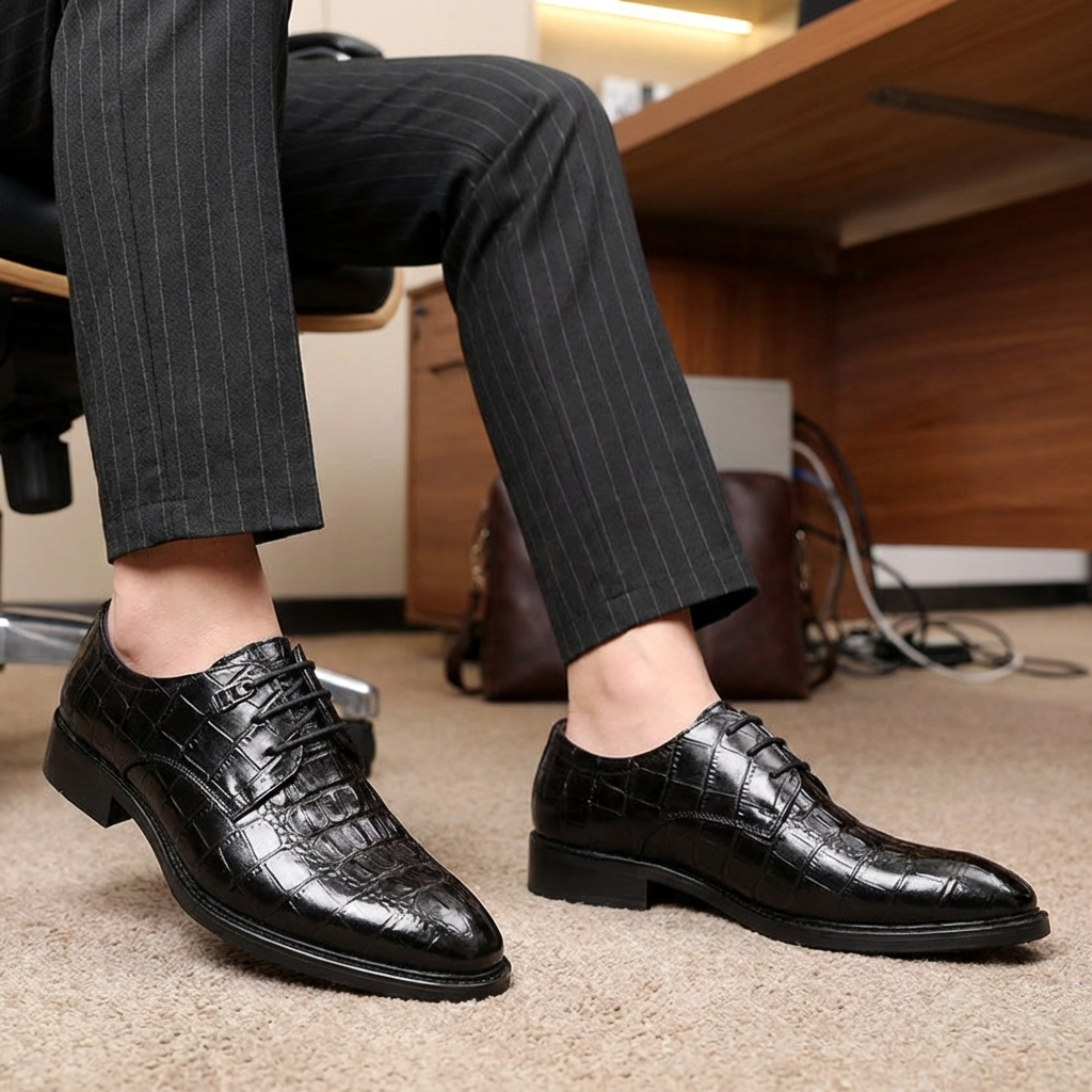 Men’s Formal Crocodile Pattern Leather Shoes – First-Layer Cowhide Pointed Toe Lace-Up Business Wedding Dress Shoes