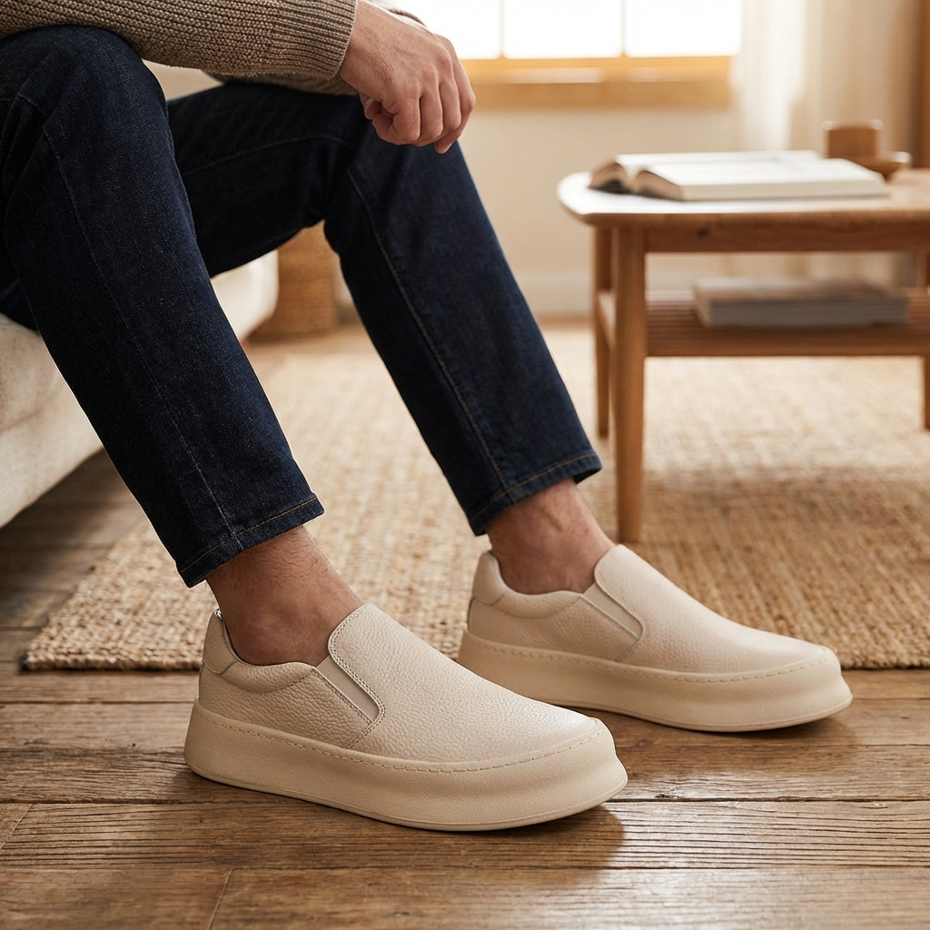 Men’s Genuine Leather Slip-On Loafers – Cowhide Casual Shoes with Thick Sole, Round Toe Comfort &amp; Anti-Slip Rubber Outsole