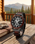 Multi-Function Chronograph Wooden Men’s Watch – 50mm Large Dial Quartz Analog-Digital Water-Resistant Wood Strap Timepiece