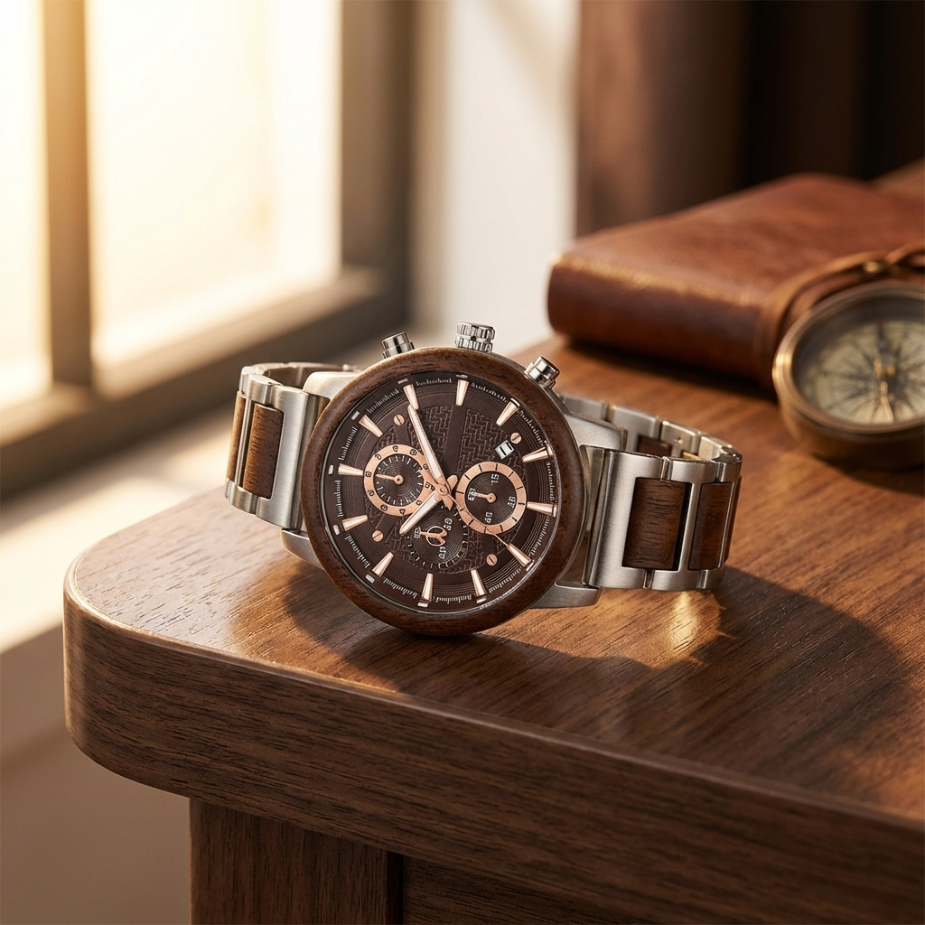 Multi-Function Chronograph Wooden Men’s Watch – 50mm Large Dial Quartz Analog-Digital Water-Resistant Wood Strap Timepiece