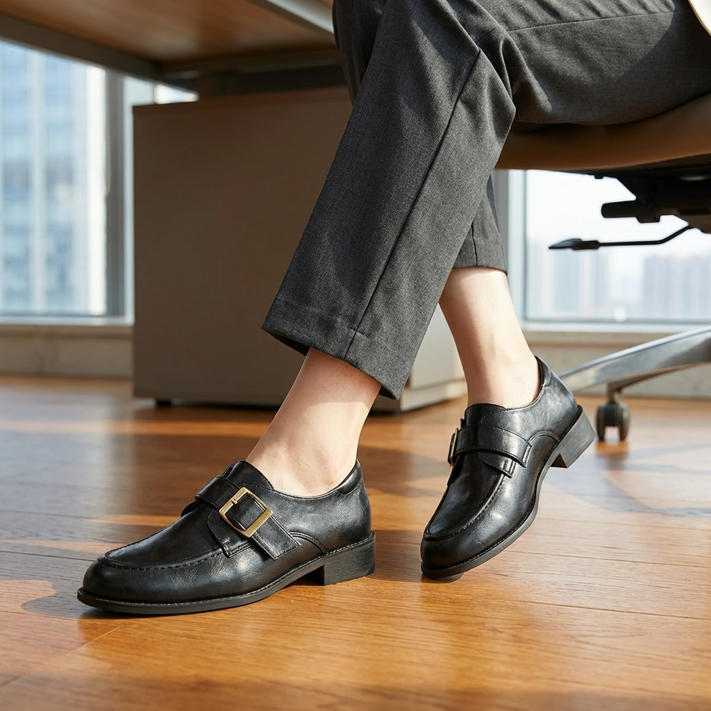 Women’s Classic Leather Loafers – French-Inspired British Style Slip-On Shoes with Belt Buckle Detail