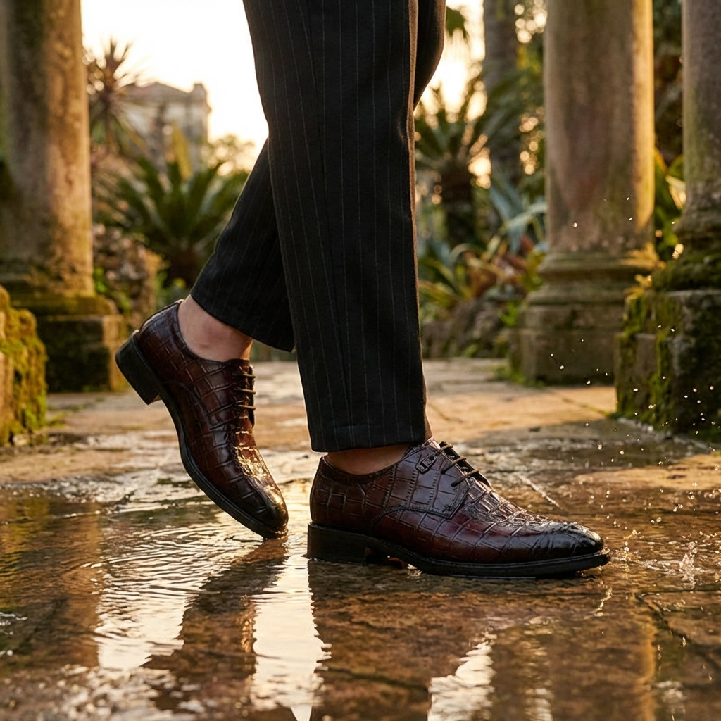 Men’s Formal Crocodile Pattern Leather Shoes – First-Layer Cowhide Pointed Toe Lace-Up Business Wedding Dress Shoes