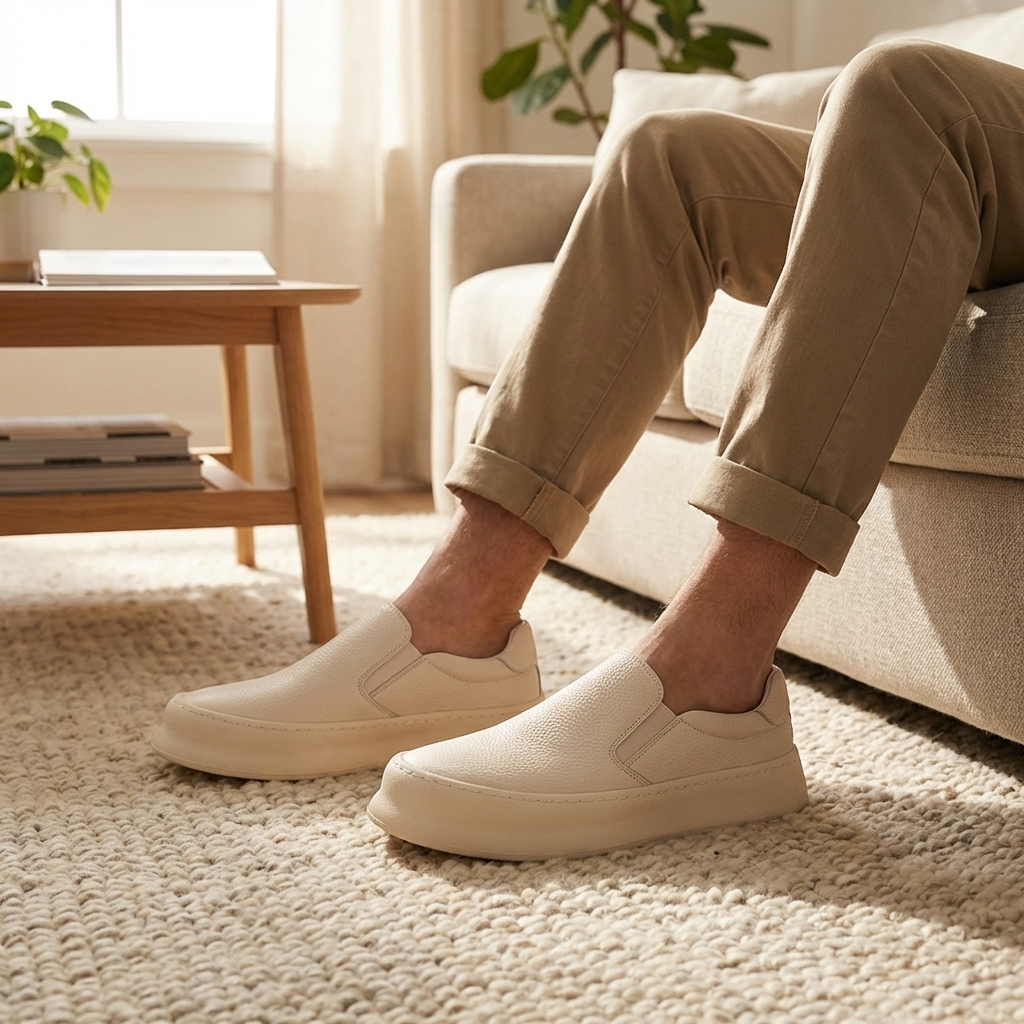 Men’s Genuine Leather Slip-On Loafers – Cowhide Casual Shoes with Thick Sole, Round Toe Comfort &amp; Anti-Slip Rubber Outsole