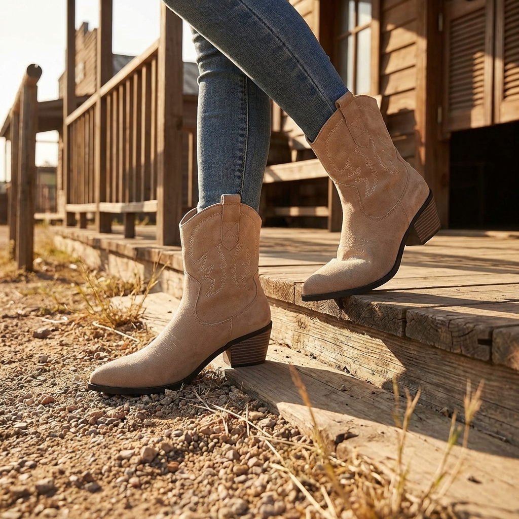 Women’s Short Western Cowboy Boots – Suede Pointed Toe Thick Heel Slip-On Retro Ankle Boots