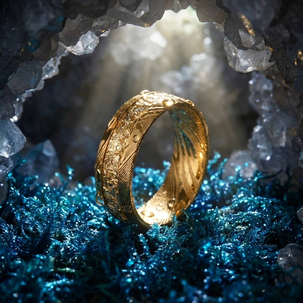 Men Gold Foil Damascus Steel Ring – Gold Plated Minimalist Geometric Wedding Band with Wavy Pattern Inlay