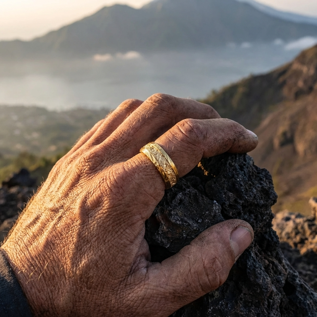 Men Gold Foil Damascus Steel Ring – Gold Plated Minimalist Geometric Wedding Band with Wavy Pattern Inlay