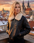 Women Fleece Lined Genuine Sheepskin Leather Jacket – Short Lapel Zip-Up Winter Warm Luxury Coat