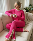 Women Knitted Top and Pants Set – Mercerized Cotton Two-Piece Outfit with Color-Block Design Long Sleeve Casual Suit