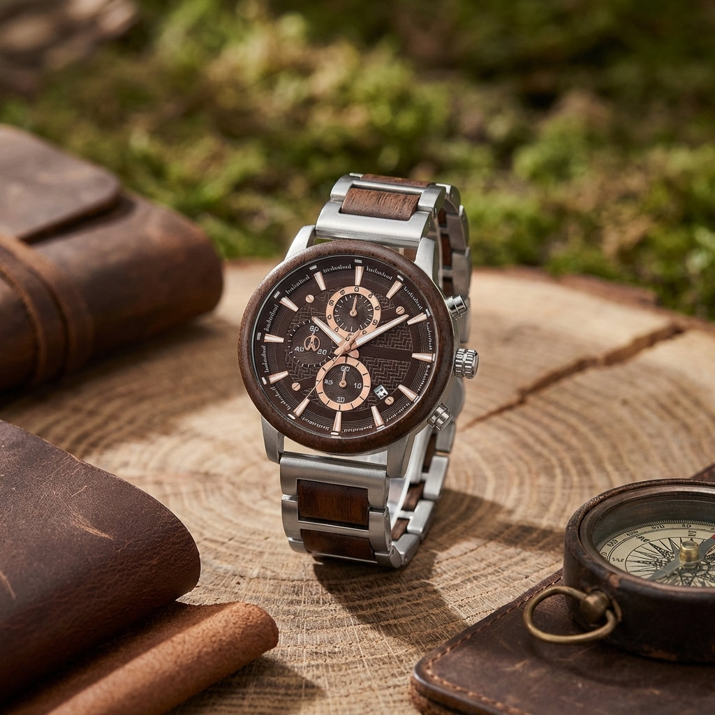 Multi-Function Chronograph Wooden Men’s Watch – 50mm Large Dial Quartz Analog-Digital Water-Resistant Wood Strap Timepiece