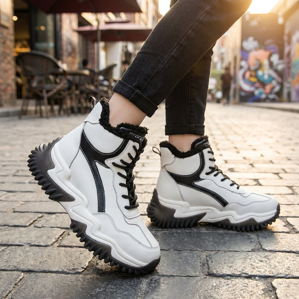 Women’s Genuine Leather Plush Lined Snow Boots – Waterproof Platform Winter Boots with Round Toe Lace-Up