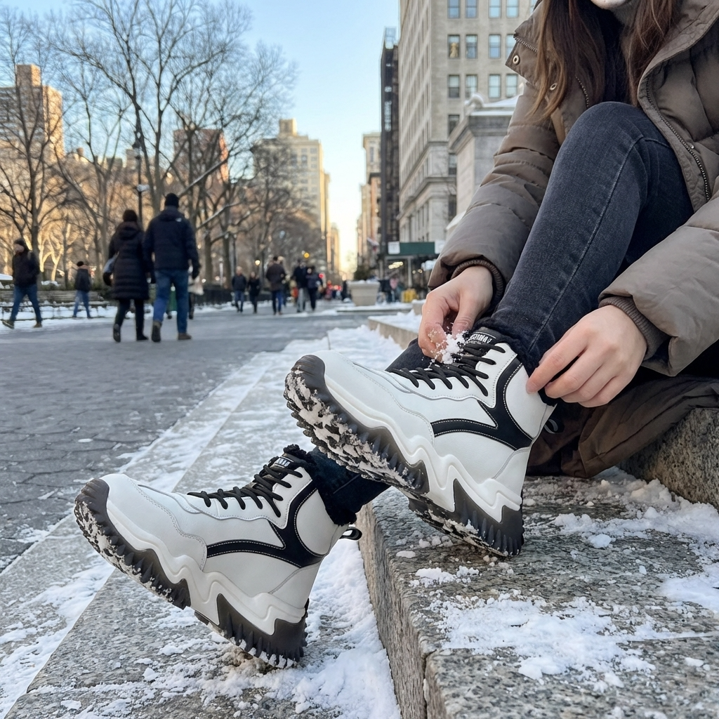 Women’s Genuine Leather Plush Lined Snow Boots – Waterproof Platform Winter Boots with Round Toe Lace-Up