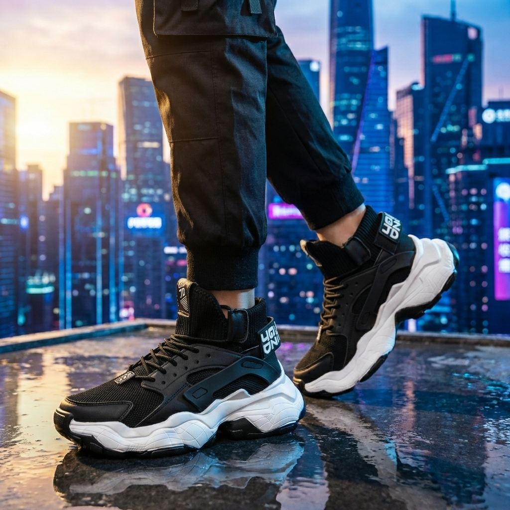 Men’s High-Top Casual Sneakers with Thick Sole – Breathable Mesh Lace-Up Streetwear Platform Shoes