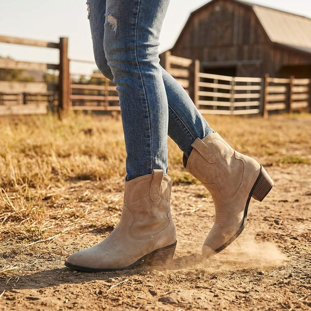 Women’s Short Western Cowboy Boots – Suede Pointed Toe Thick Heel Slip-On Retro Ankle Boots