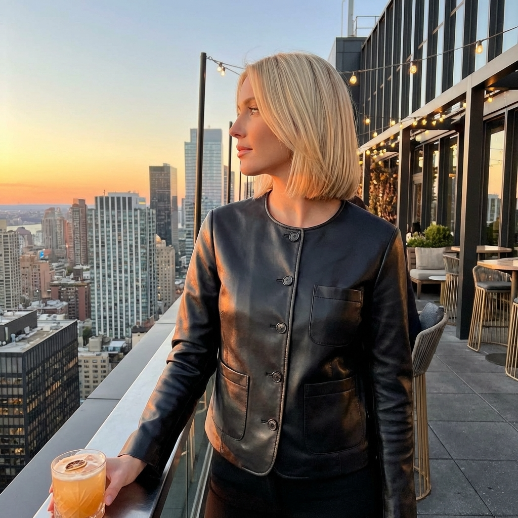 Women’s 100% Genuine Sheepskin Leather Jacket – Slim Fit Short Korean Style Round Neck Coat