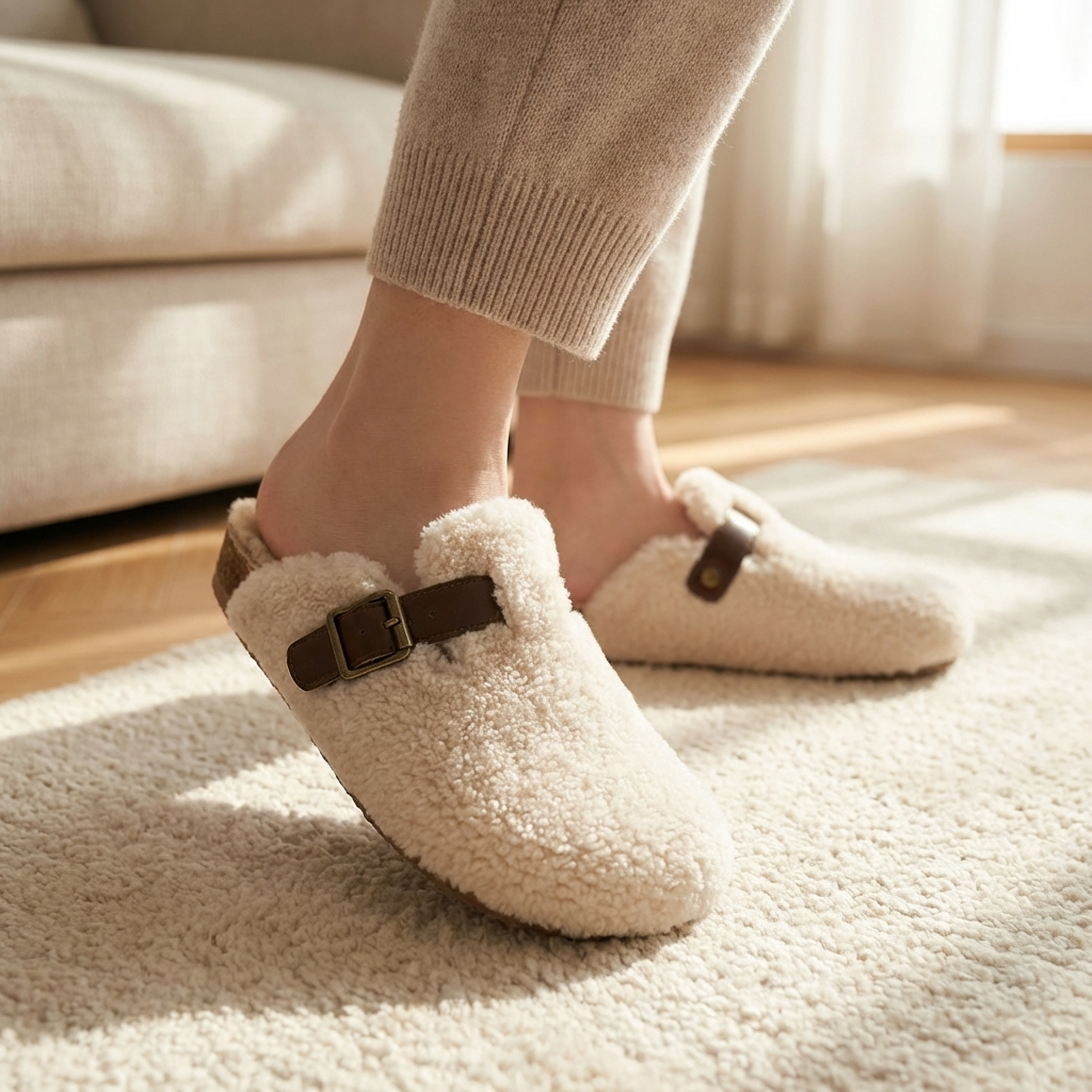 Women’s Wool-Lined Genuine Leather Mule Slippers – Warm, Retro Thick-Sole Backless Slip-Ons