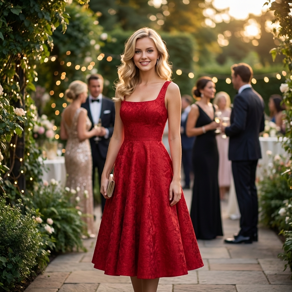 Women High-End Jacquard Slip Dress – Elegant A-Line Camisole High Waist Mid-Length Formal Party Dress