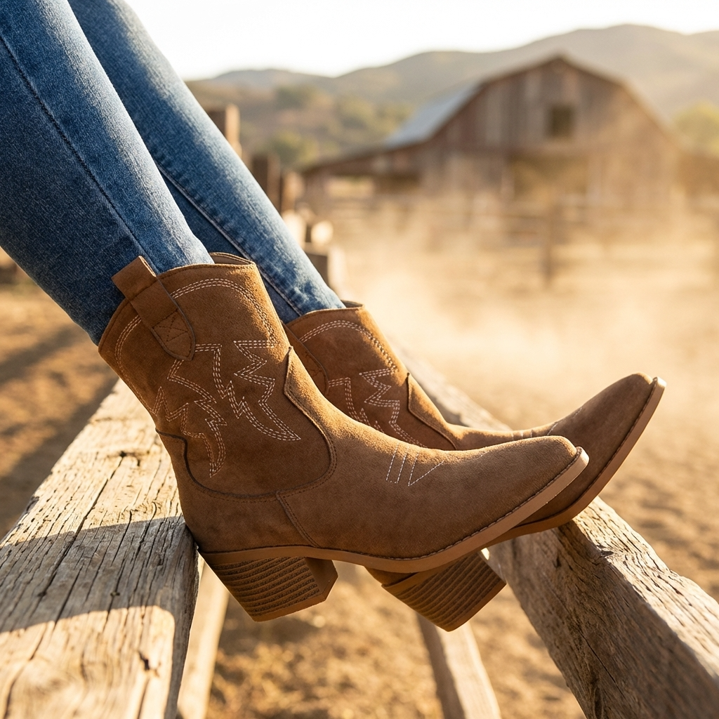 Women’s Short Western Cowboy Boots – Suede Pointed Toe Thick Heel Slip-On Retro Ankle Boots