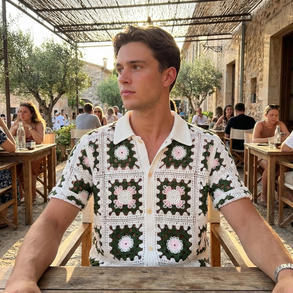 Men’s Crochet Knit Polo Shirt – Breathable Cut-Out Grid Pattern Short Sleeve Summer Polo